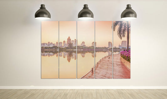 Bangkok Building at sunrise, Benjakiti Park ,Thailand Framed Canvas Leather Print