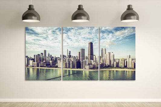 Chicago Skyline Aerial View by The Beach Framed Canvas Eco Leather Print, Made in Italy!