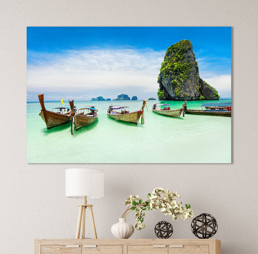 Phuket, Thailand Longtail Boats and the Sea Framed Canvas Leather Print