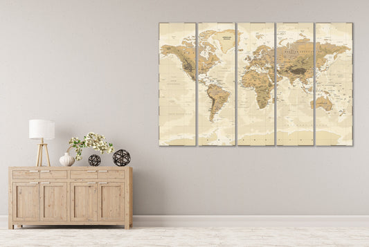 Push Pin Vintage Phisical Map Of The World Framed Canvas Leather Print