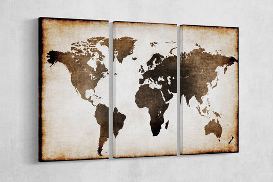 Burnt Old World Map Illustration Framed Canvas Leather Print