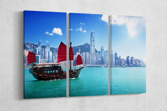 Hong Kong Harbour and Junk Boat Framed Canvas Leather Print