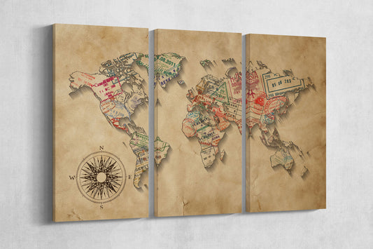 Passport Stamps World Map Leather Print