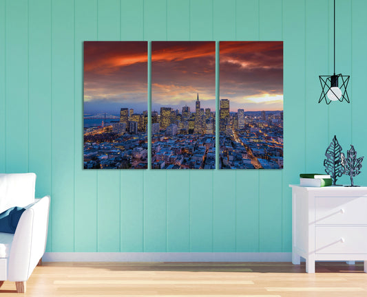 San Francisco Downtown View at Sunset Framed Canvas Leather Print