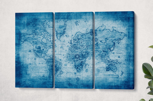 Blue Ancient World Map Framed Canvas Leather Print