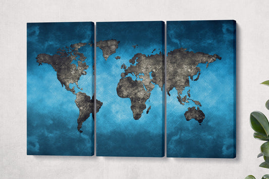 Bluetech World Map Framed Canvas Leather Print