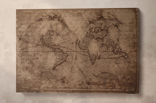 Old Brown World Map in Hemispheres Framed Canvas Leather Print