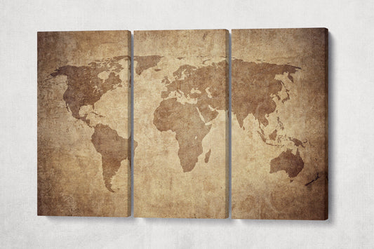 Large Brown Grunge World Map Framed Canvas Leather Print