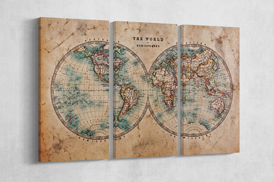 Large World Map World in Hemispheres Canvas Eco Leather Print