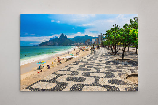 Ipanema beach with mosaic of sidewalk in Rio de Janeiro framed canvas leather print