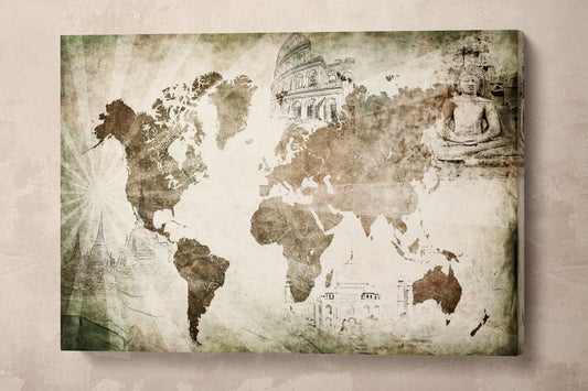 Vintage Travel Map With Landmarks Leather Print