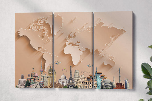 Bronze World Map With Monuments Framed Canvas Leather Print