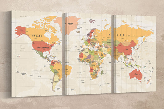 Detailed nations and borders world map wall art