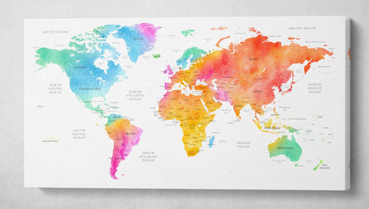 Detailed Push Pin World Map PETA Approved Eco Leather Canvas Wall Art