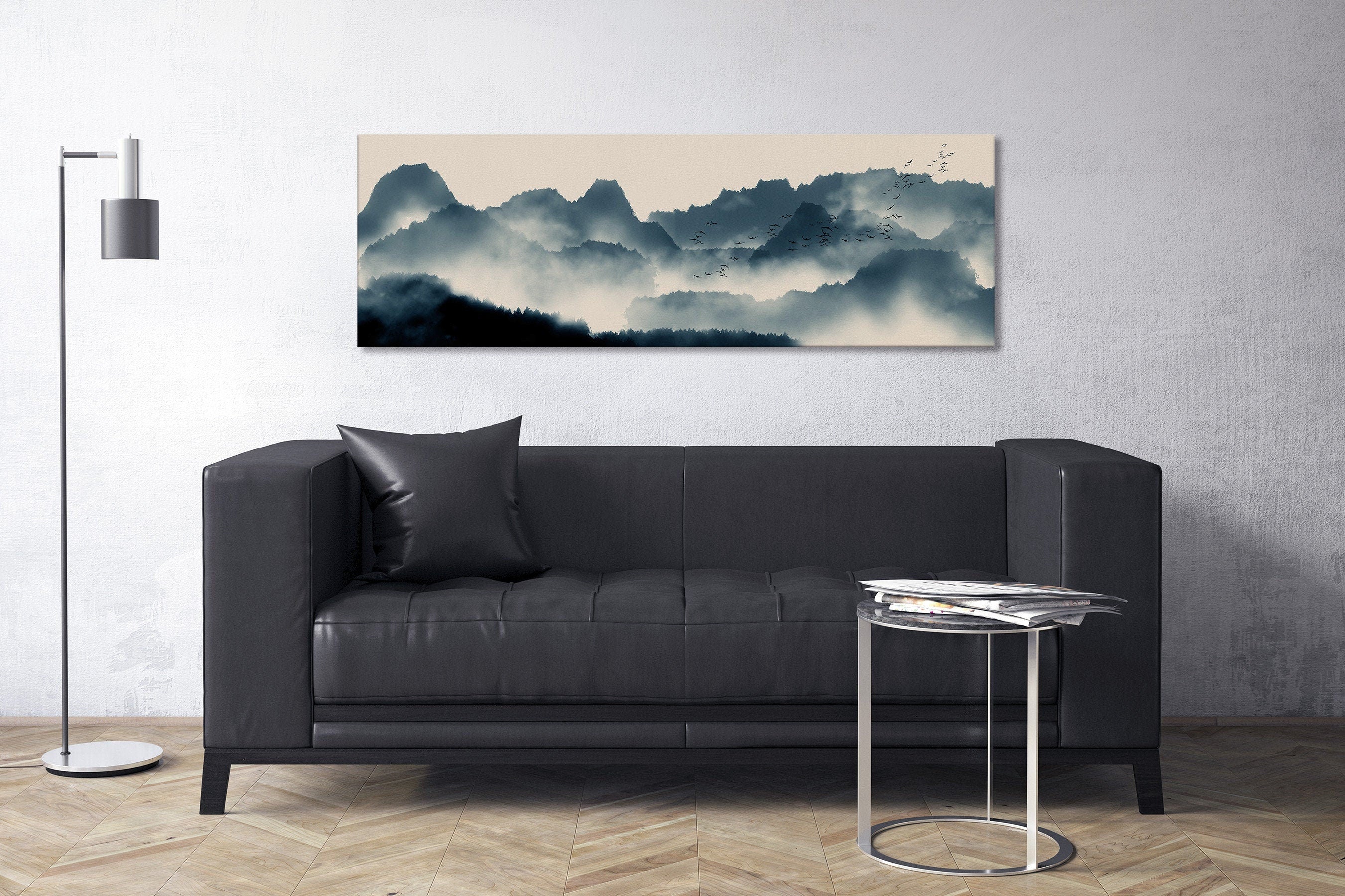 Japanese Mountain Landscape Wall Art Framed Canvas Eco Leather Print