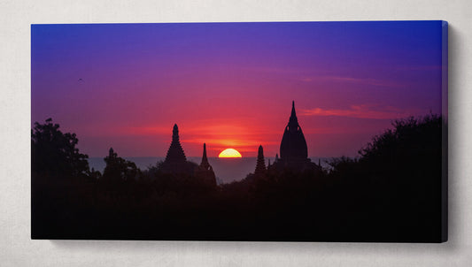 Purple Sky Sunset in Bagan, Myanmar Framed Canvas Leather Print