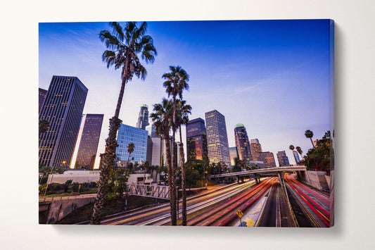Los Angeles Downtown Street Lights Framed Canvas Leather Print