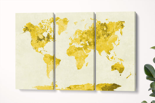 Colored World Map artwork triptych framed canvas leather print