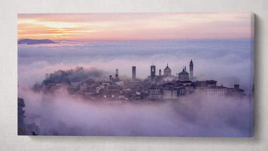Foggy Bergamo sunrise from above wall art framed eco leather canvas print wall 3D