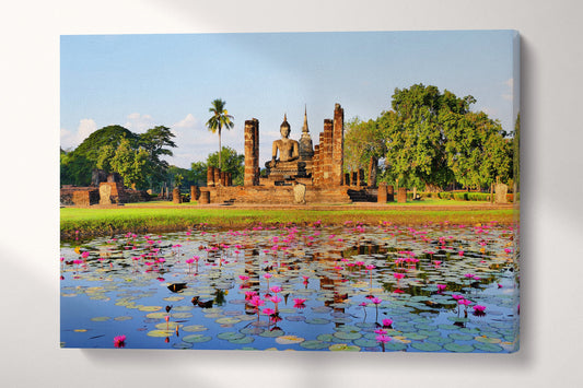 Buddhist Temple Wat Mahathat Sukhothai Historical Park Canvas Eco Leather Print, Made in Italy!