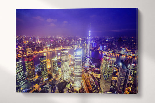 Shanghai Skyline at Night Canvas Eco Leather Print, Made in Italy!