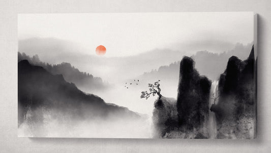 Oriental Japan Artwork Black and White Mountains Red Sun Wall Art Canvas Print Wall 3D