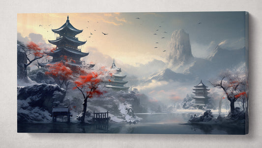 Pagoda River Snow Mountains Japan canvas wall art