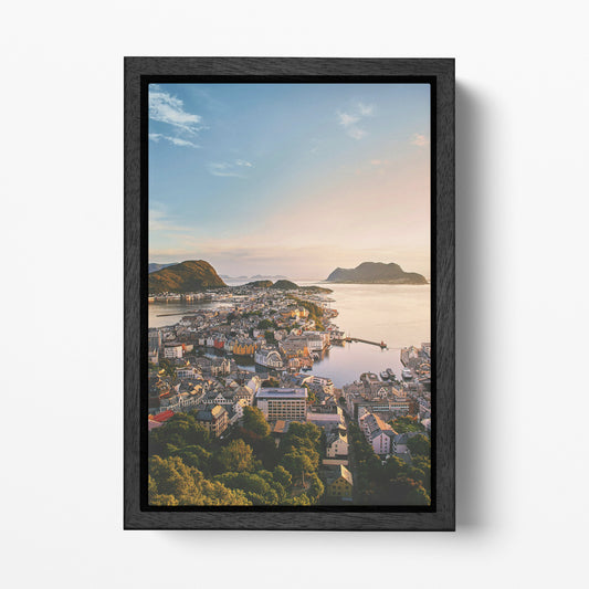 Aksla Viewpoint, Alesund, Norway Black Framed Canvas Wall Art Eco Leather Print