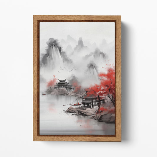Chinese Lake and Mountain Landscape with Pagoda and Red Trees Canvas Wall Art Eco Leather Print, Made in Italy!