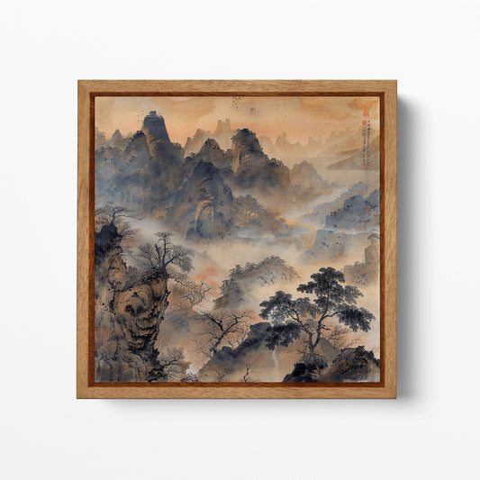 Whispering Peaks: A Peaceful Mountain Landscape Chinese Style Wall Art Framed Canvas Eco Leather Print Wood Frame