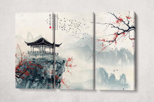 Solitary Pavilion Chinese Mountain Sanctuary Canvas Wall Art Eco Leather Print 3 Panels