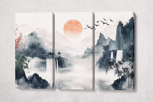 Mystic Waterfalls Foggy Sunrise Chinese Art Inspired Canvas Wall Art Eco Leather Print 3 Panels