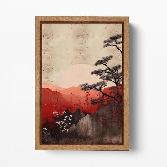 Serene Japanese Sunset Minimalist Sun Canvas Eco Leather Art Print Wood Frame