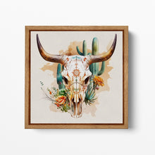 Load image into Gallery viewer, Desert Spirit - Western Longhorn Skull with Cacti and Blooms Wall Art Wood Framed Canvas Eco Leather Print