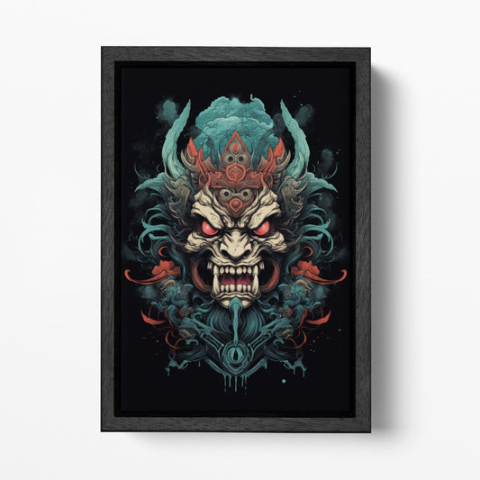 Yokai Fury - Oni Mask of the Underworld Japan Style Black Framed Wall Art Eco Leather Print, Made in Italy!
