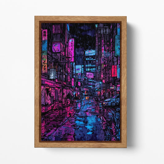 Neon City Street in the Rain - Cyberpunk Canvas Art | Futuristic Night Scene | Sci-Fi Wall Decor Eco Leather Print Wood Frame