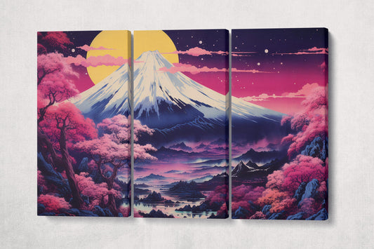Neon Dreamscape - Mt. Fuji in Bloom Canvas Home Art Wall Decor Eco Leather Print 3 Panels