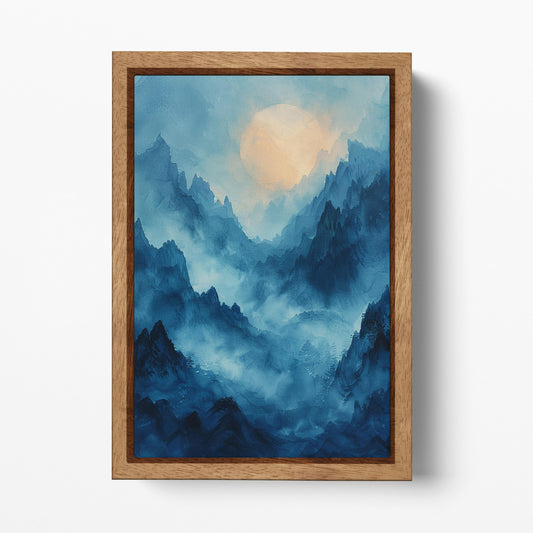 Misty Blue Mountain Peaks - Eco Leather Wall Canvas Print Wood Frame