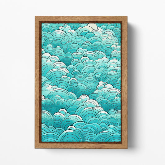 Turquoise Waves of Clouds Japan Style Canvas Wall Art Eco Leather Print Wood Frame
