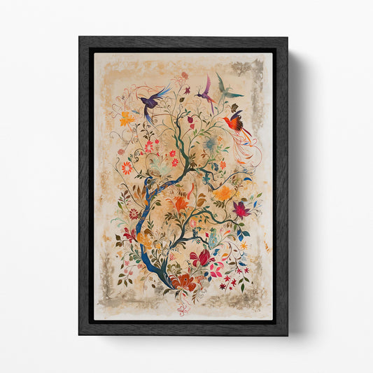 Floral Symphony with Birds - Eco Leather Canvas Wall Art Print Black Frame