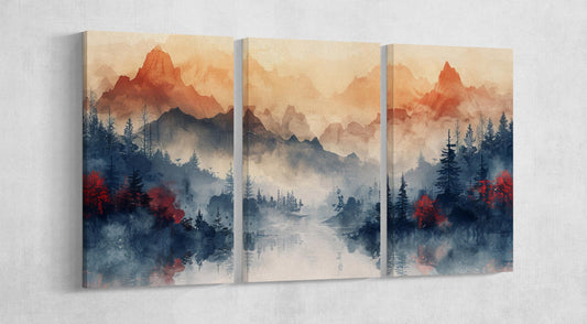 Mystical Mountain River Wall Art Home Decor Framed Canvas Print 3 Panels