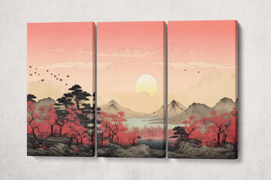 Blush of Dawn: A Dreamlike Sunrise in Ukiyo-e Style Artwork Canvas Wall Art Eco Leather Print 3 Panels