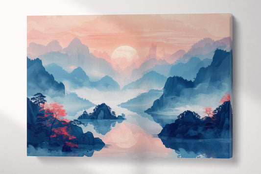 Misty Sunrise Mountain Pastel Tones Wall Decor Eco Leather Print Single Panel
