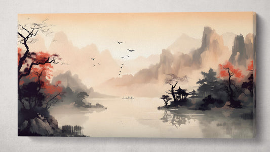 Silent Dawn over Misty Waters Wall Art Home Decor Framed Canvas Eco Leather Print Single Panel