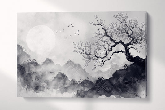 Black and White Ink Art | Traditional Chinese Lunar Landscape | Ink Painting Wall Art Large Wall Decor Eco Leather Print