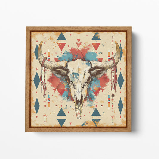 Tribal Bull Skull with Geometric Patterns - Eco Leather Canvas Wall Art Framed Canvas Print Wood Frame