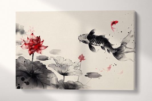 Serene Koi Pond: Black and White Elegance with Red Blossoms Wall Decor Eco Leather Print Single