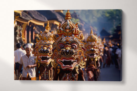 Vibrant Hindu Nyepi Festival Masks in Bali Wall Art Home Decor Canvas Eco Leather Print Single Panel