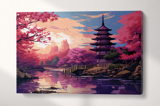 Cherry Blossom Sunset Japanese Pagoda Eco Leather Wall Art Canvas Print Single Panel