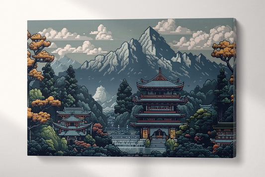 Retro 8-Bit Japanese Temple Videogame Landscape Canvas Home Art Wall Decor Eco Leather Print Single Panel